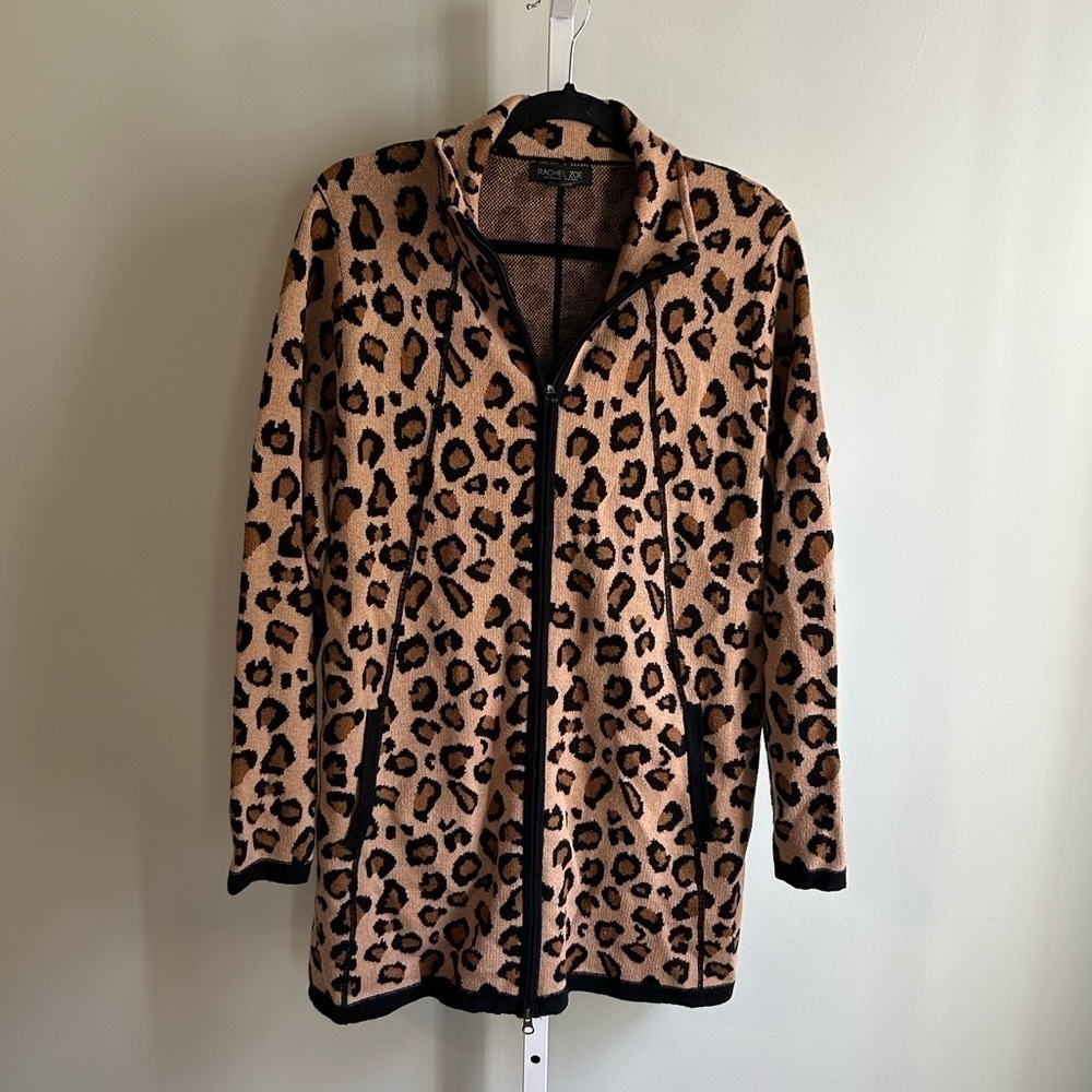 Rachel Zoe Cheetah Print Full Zip Long Sweater